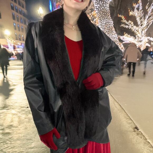 Vintage 1980s Jacqueline Ferrar Leather Coat with Fox Fur Trim Size Large - Picture 16 of 16